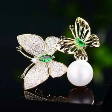  Green Rhinestone Pearl Double Butterfly Brooch Pin